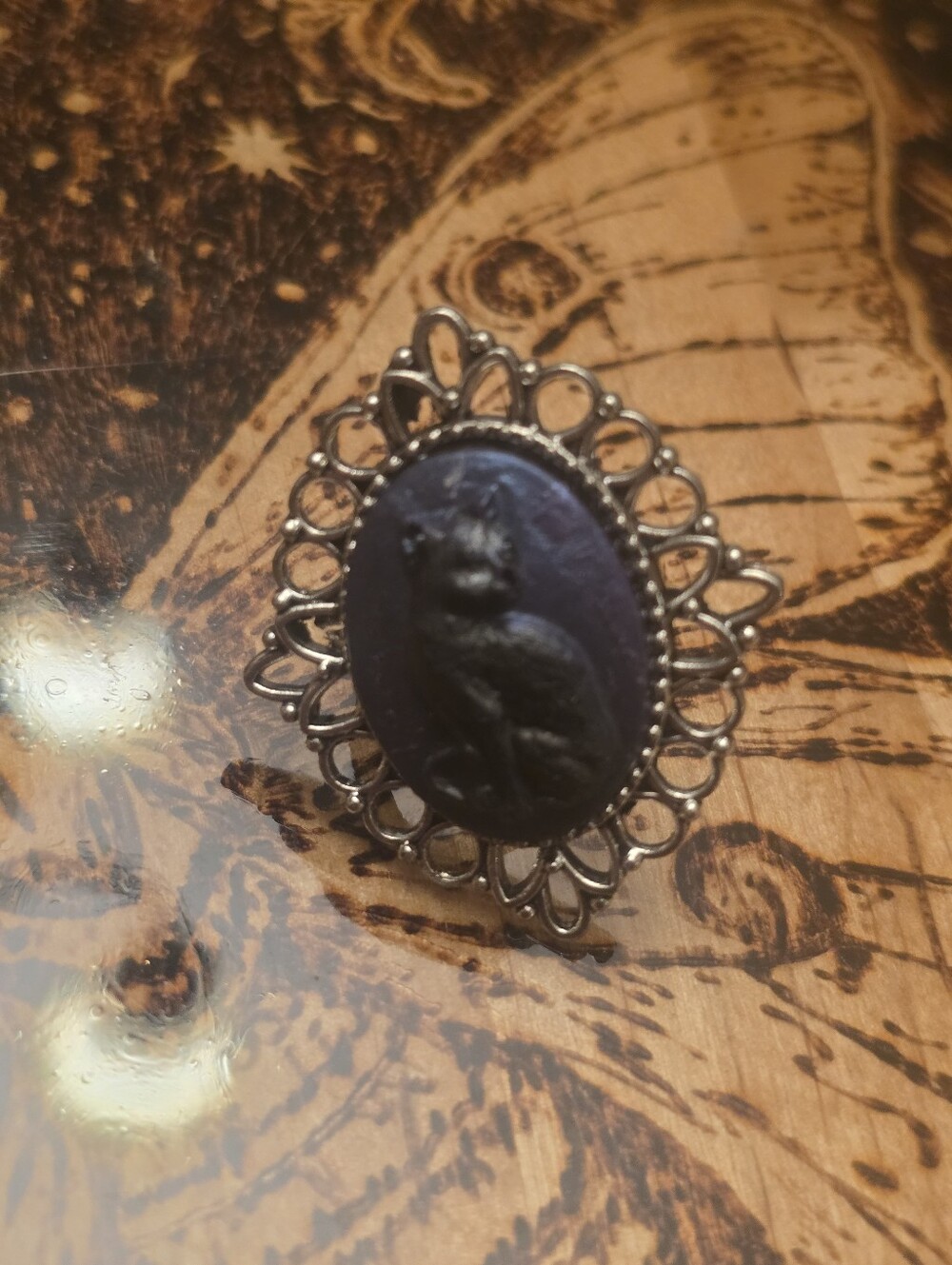 Resin Black Cat Ring W Purple Background In Silver Tone Frame Adjustable Ring